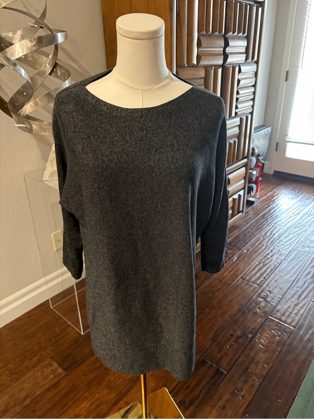 EUC, Eileen Fisher Charcoal Gray stencil and Merino Wool Knit Tunic Sweater, S